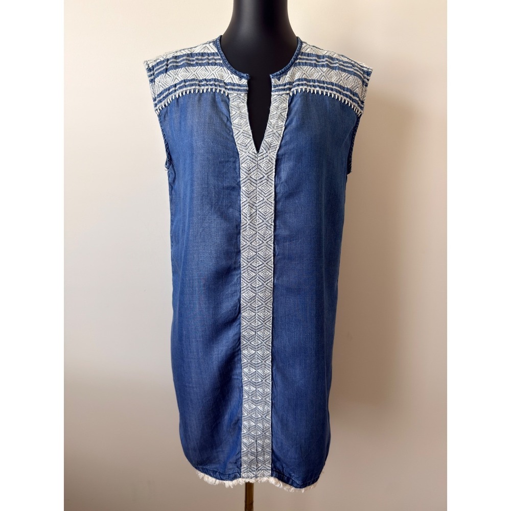 Chelsea & Theodore Petite Blue Tencel Embroidered Shift Dress PM Sleeveless Boho